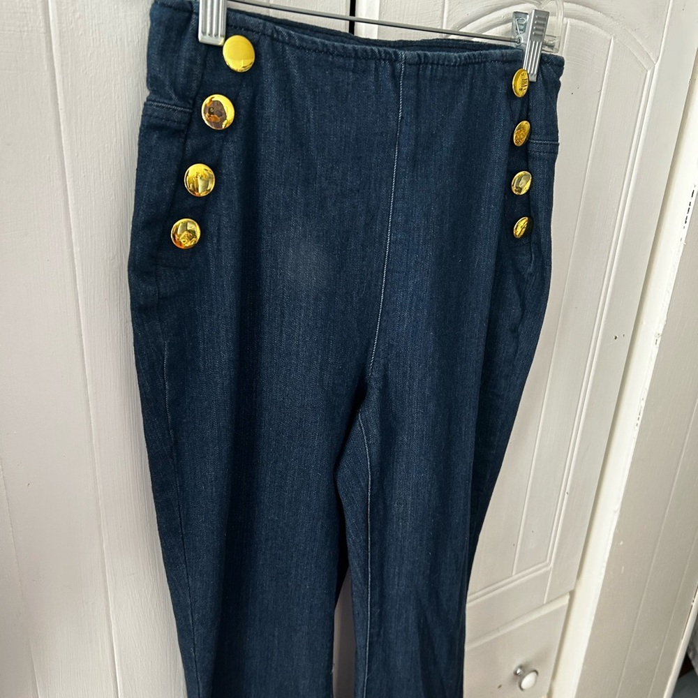 EUC INC DESIGN Gold Button Dark Blue Jeans Pull-On Flare Wide Leg ๐TRENDY! - Picture 14 of 16